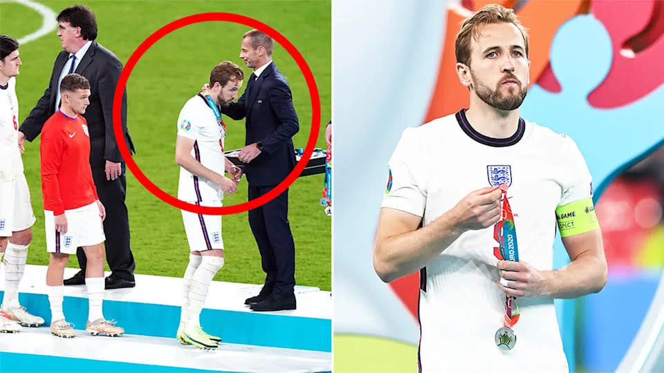 Harry Kane (hier rechts) und ein paar weitere Spieler der englischen Mannschaft wurden dafür kritisiert, dass sie nach der Niederlage gegen Italien bei der EM 2020 ihre Medaillen unmittelbar nach der Verleihung wieder abnahmen. (Getty Image)