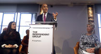Chaka Umunna speaks alongside Luciana Berger, left, and Angela Smith, right, during a press conference to announce the new political party, The Independent Group, in London, Monday, Feb. 18, 2019. Seven British Members of Parliament say they are quitting the main opposition Labour Party over its approach to issues including Brexit and anti-Semitism. Many Labour MPs are unhappy with the party's direction under leader Jeremy Corbyn, a veteran socialist who took charge in 2015 with strong grass-roots backing. (AP Photo/Kirsty Wigglesworth)