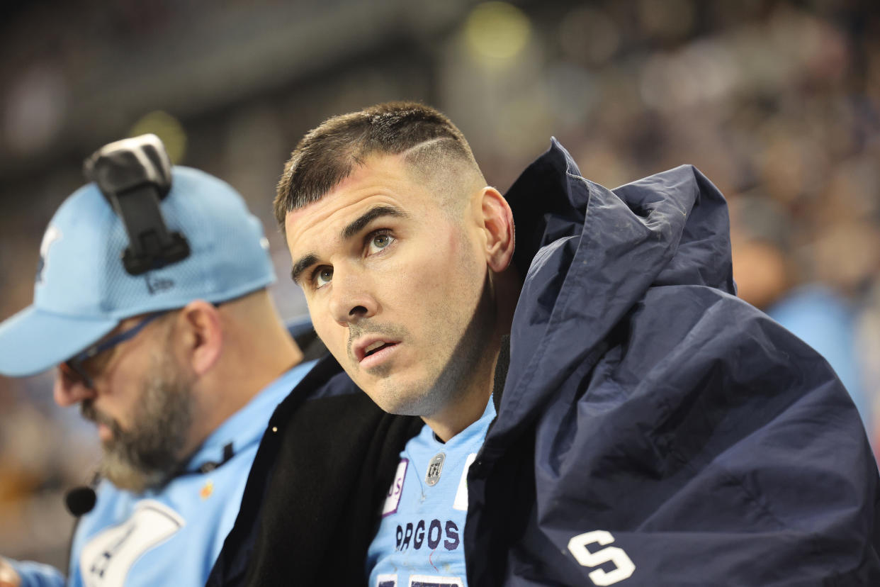 TORONTO. Toronto Argonauts QB Chad Kelly (12) sits on the bench on a bad start against the Montreal Alouettes.(R.J.Johnston/Toronto Star)          (R.J. Johnston Toronto Star/Toronto Star via Getty Images)