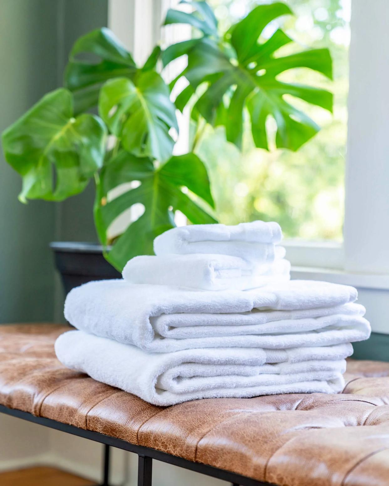 Stack of white towels on tan leather bench in front of large monstera plant.