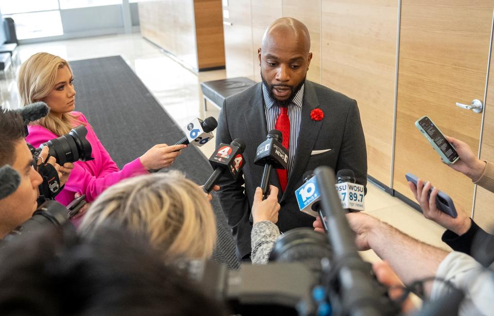 Attorney Sean Walton speaks to the media on behalf of the family of Casey Goodson Jr. after a mistrial was declared Friday, Feb, 16, 2024, in the trial of former Franklin County Sheriff's deputy Michael Jason Meade at the Franklin County Common Pleas Court.