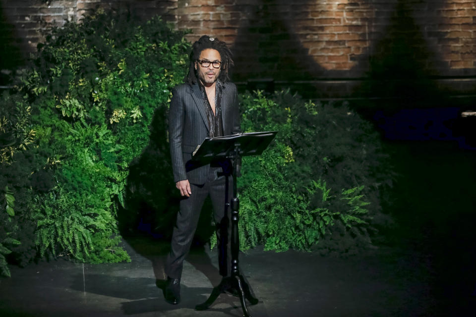 Musician Lenny Kravitz speaks to attendees during the memorial of late actress Diahann Carroll at the Helen Hayes Theater in New York on Sunday, Nov. 24, 2019. (AP Photo/Eduardo Munoz Alvarez)