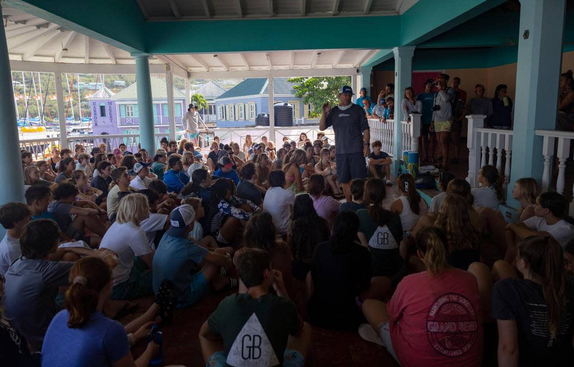 Executive Director Mike Meighan talks to all of the students, about 160 of them, for a new session on Saturday, July 30, 2022, in the upstairs patio of Pusser’s bar.