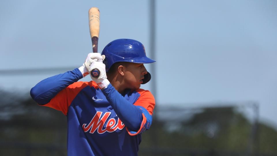 Mets prospect Mark Vientos batting close-up at 2021 spring training
