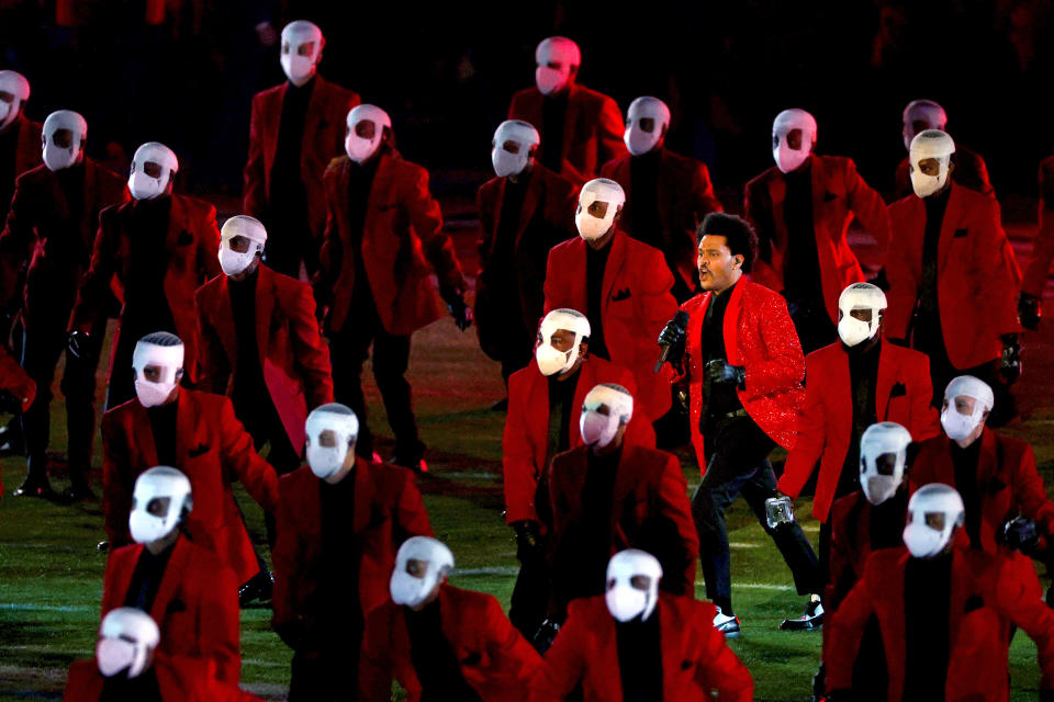 <p>TAMPA, FLORIDA - FEBRUARY 07: The Weeknd performs during the Pepsi Super Bowl LV Halftime Show at Raymond James Stadium on February 07, 2021 in Tampa, Florida. (Photo by Kevin C. Cox/Getty Images)</p> 