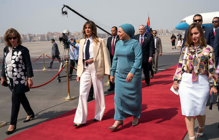 U.S. first lady Melania Trump walks with Egyptian first lady Entissar Mohameed Amer as she arrives in Cairo, Egypt, October 6, 2018. Doug Mills/Pool via REUTERS