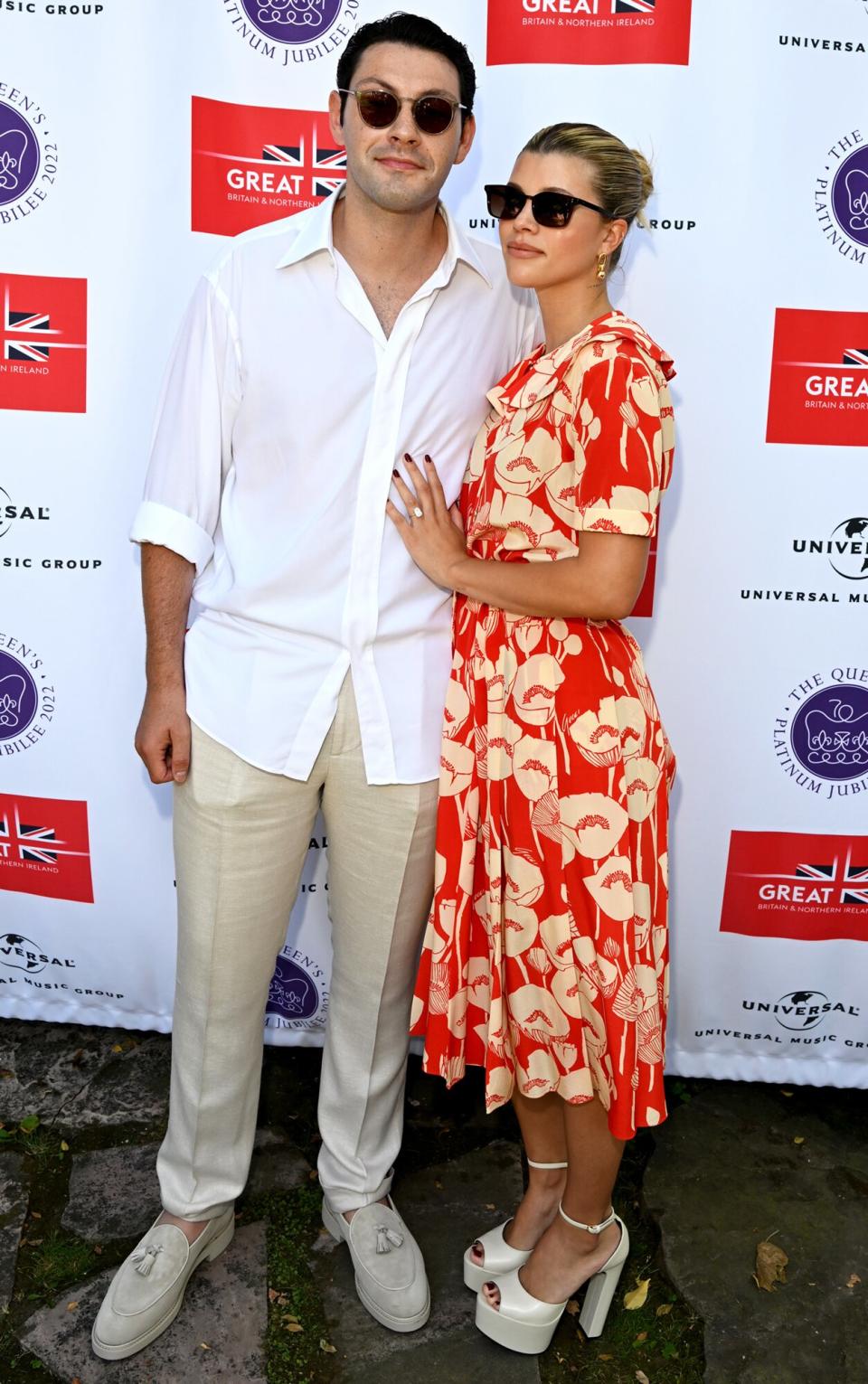 Elliot Grainge and Sofia Richie attend the British Consulate's celebration of Her Majesty the Queen's Platinum Jubilee on June 11, 2022 at the British Consulate General Residence in Los Angeles, California