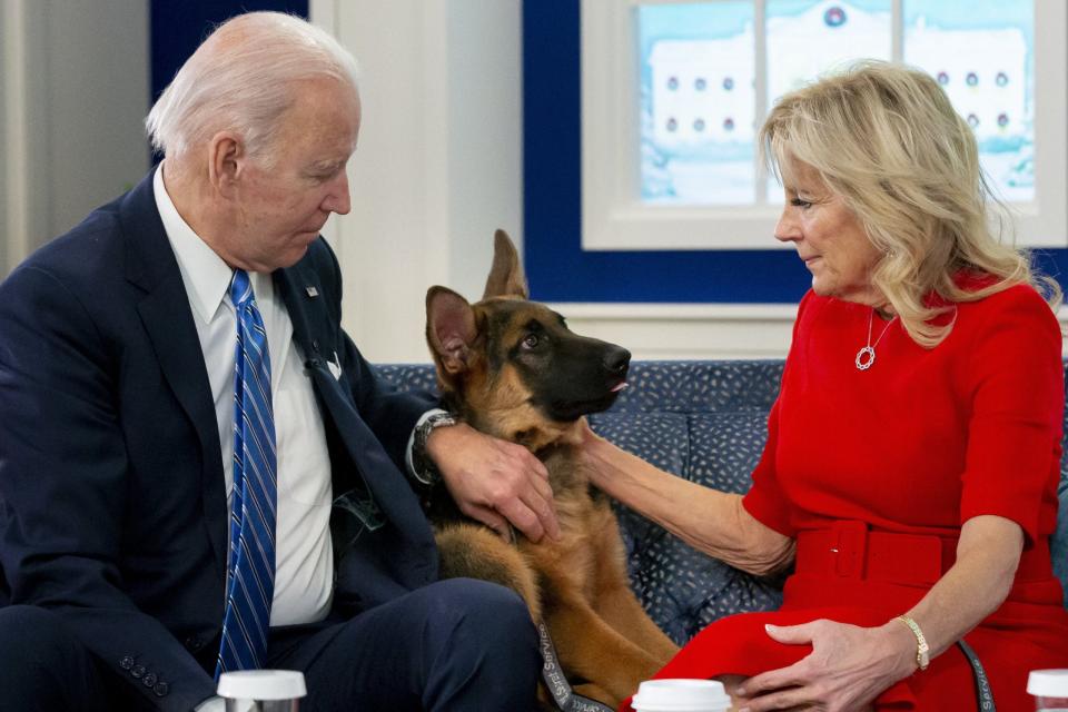 US President Joe Biden and First Lady Jill Biden sit with their dog Commander