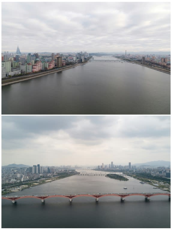 The Pyongyang city skyline (top) and the Seoul city skyline (bottom)