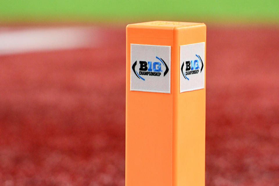 The Big Ten logo is displayed on the pylon at the corner of an end zone during the Big Ten title game between Wisconsin and Ohio State on Dec. 7, 2019. (Michael Allio/Icon Sportswire via Getty Images)