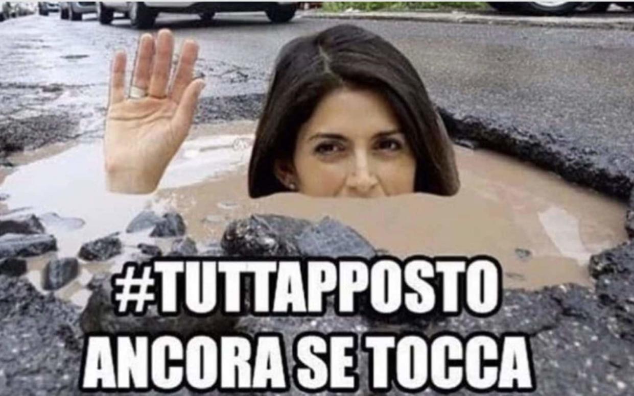 This image, of Rome mayor Virginia Raggi, went viral on social media. 'Don't worry, you can still touch the bottom,' reads the caption. - Twitter