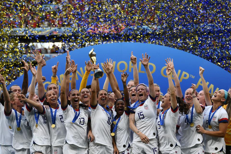 USWNT players were celebrated by Nike after winning their second straight Women's World Cup. (Photo by FRANCK FIFE/AFP/Getty Images)