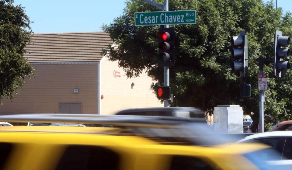 Traffic flies on Cesar Chavez Boulevard near Winery Avenue in southeast Fresno.