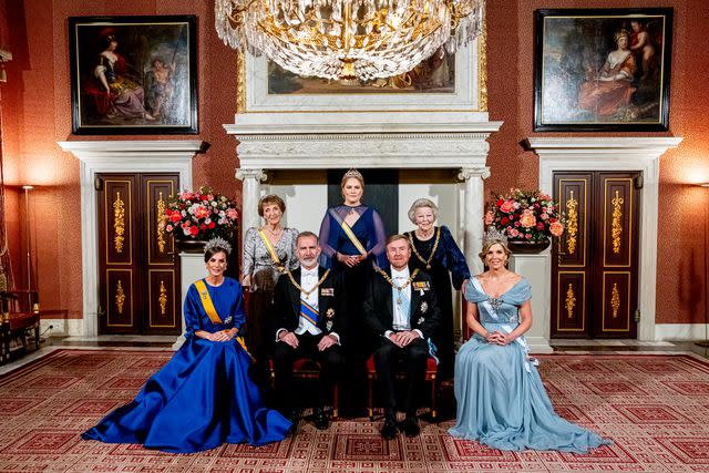 <p>Patrick van Katwijk/Getty</p> (Front row, from left) Queen Letizia of Spain, King Felipe of Spain, King Willem-Alexander of the Netherlands and Queen Maxima of the Netherlands and (back row, from left) Princess Margriet, Princess Catharina-Amalia and Princess Beatrix of the Netherlands at the state banquet on April 17, 2024.