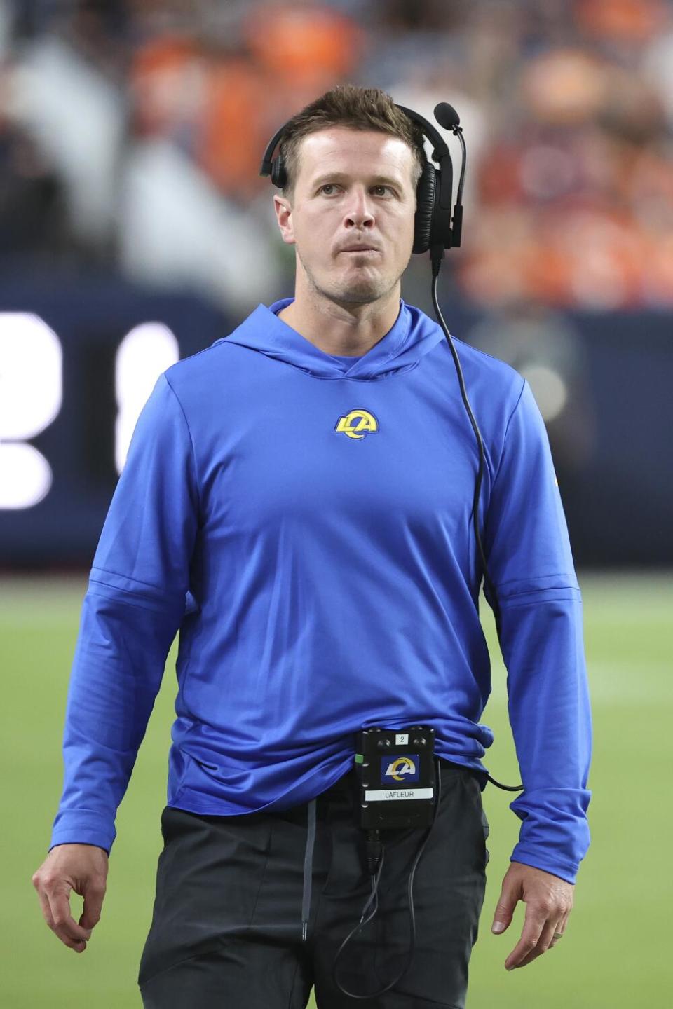 Rams offensive coordinator Mike LaFleur watches action from the sideline.