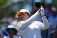 Inbee Park, of South Korea, tees off on the first hole during the first round of the ShopRite LPGA Classic golf tournament, Friday, June 10, 2022, in Galloway, N.J. (AP Photo/Matt Rourke)
