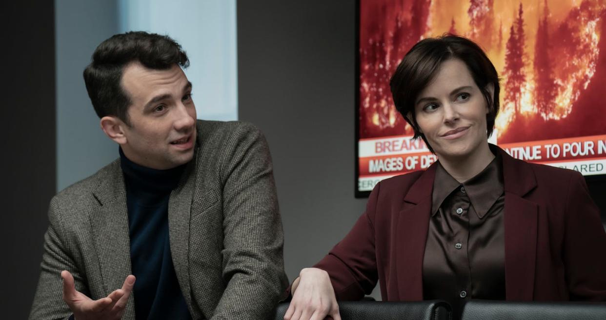 Jay Baruchel and Emily Hampshire play siblings in the satirical 'Humane,' where people are asked to enlist for euthanasia to avoid human extinction. (Elevation Pictures)