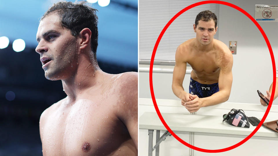 American swimmer Michael Andrew sparked controversy after refusing to wear a mask in the Olympics 'mixed zone'. Pic: Twitter