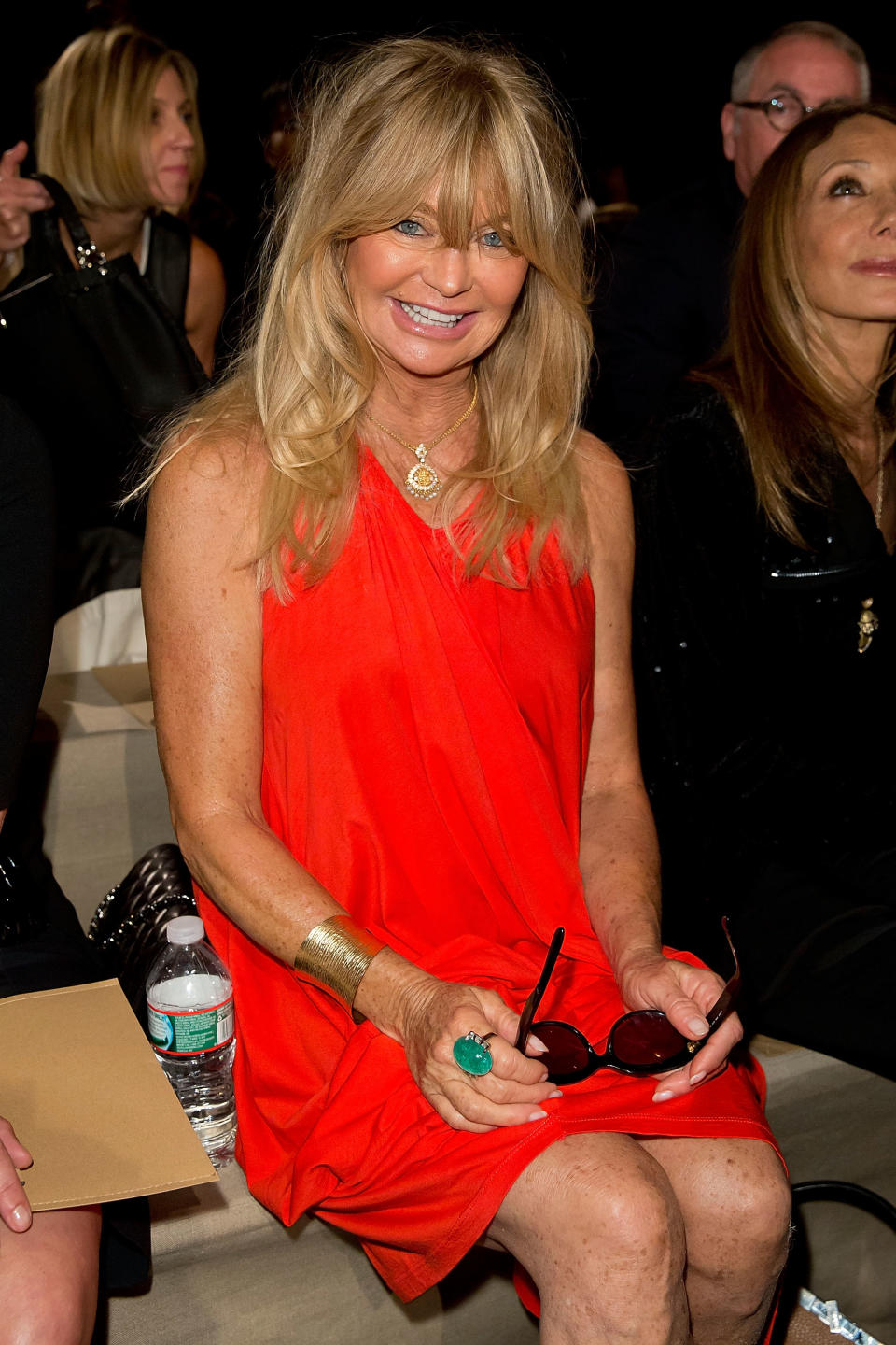 CORRECTS SPELLING OF DESIGNER TO DONNA KARAN - Goldie Hawn attends the Donna Karan Spring 2014 collection on Monday, Sept. 9, 2012, during Mercedes-Benz Fashion Week in New York. (Photo by Ben Hider/Invision/AP)