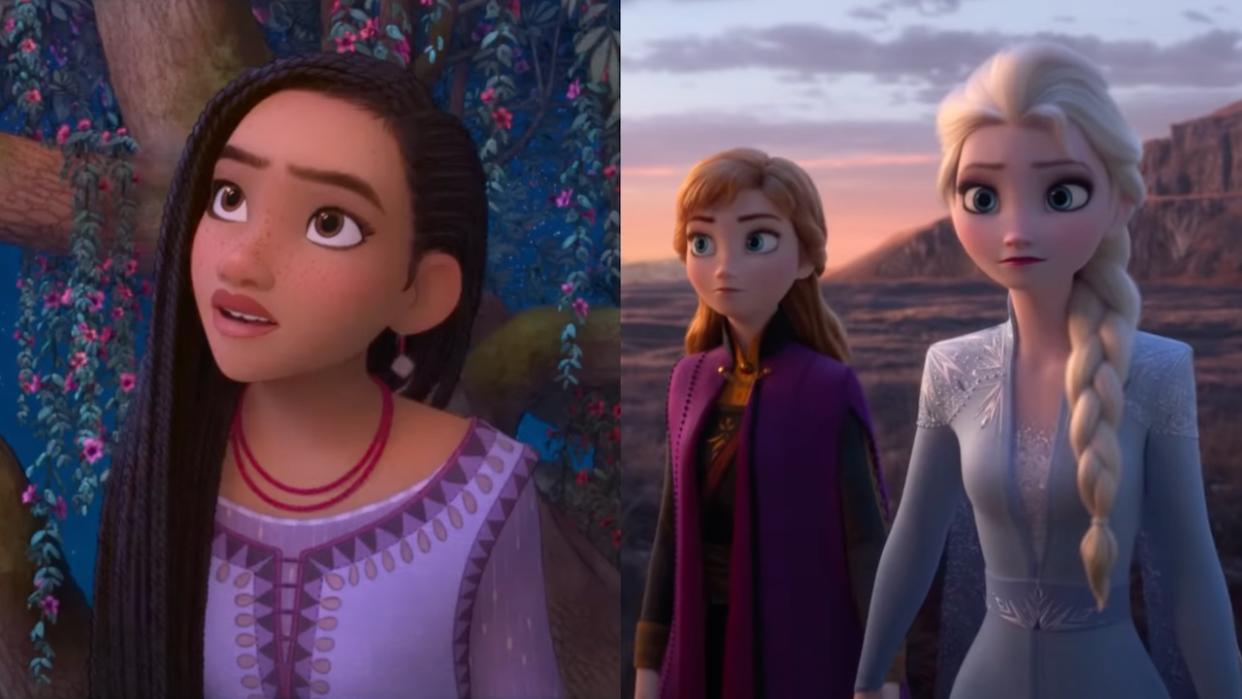 Side by side images of Asha from Wish and Elsa and Anna from Frozen 2. 