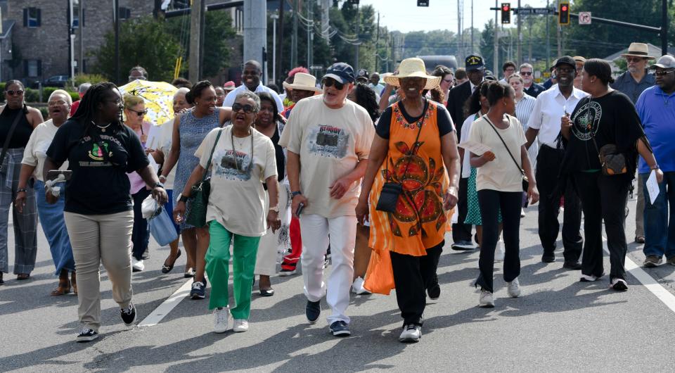 June 9 2024; Tuscaloosa, AL, USA; Several of the people leading a march to commemorate the 60th anniversary of the Bloody Tuesday event in Tuscaloosa were marchers in the original event. Sixty years ago, law enforcement officers and a deputized mob beat and arrested civil rights marchers who were walking to the courthouse to protest the inclusion of segregated facilities.