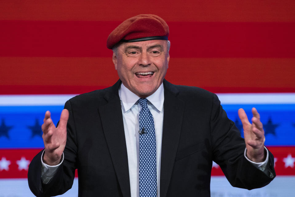 Republican candidate for New York City mayor Curtis Sliwa speaks during a debate with Eric Adams, Brooklyn borough president and Democratic candidate for New York City mayor at the ABC 7 studios, Tuesday, Oct. 26, 2021, in New York. (Eduardo Munoz/Pool Photo via AP)