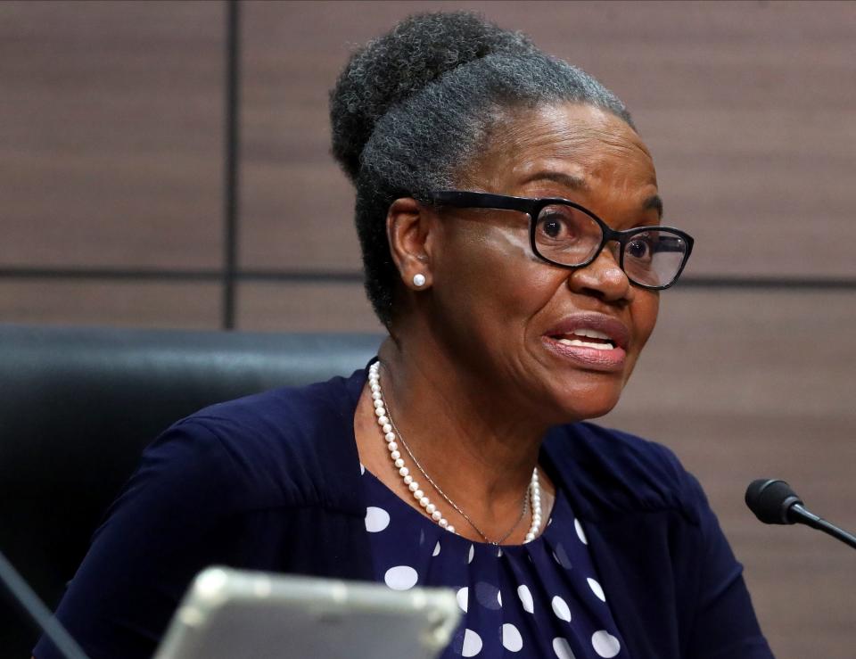 Murfreesboro City School Board candidate Florence Omachonu speaks during a political forum for Murfreesboro City School Board candidates, on Tuesday, June 7, 2022, at City Hall in Murfreesboro. The event was hosted by the League of Women Voters in partnership with Murfreesboro CityTV.