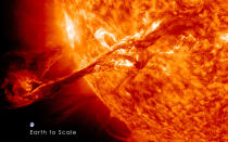 A long filament of solar material that had been hovering in the Sun's atmosphere, the corona, erupts out into space at 4:36 p.m. EDT on August 31, 2012. The coronal mass ejection, or CME, traveled at over 900 miles per second. The CME did not travel directly toward Earth, but did connect with Earth's magnetic environment, or magnetosphere, causing aurora to appear on the night of September 3, 2012. The image above includes an image of Earth to show the size of the CME compared to the size of Earth. REUTERS/NASA/GSFC/SDO/Handout