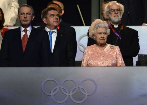 Britain Queen Elizabeth II, seen here next to International Olympic Committee (IOC) President Jacques Rogge (L) during the opening ceremony of the London 2012 Olympic Games