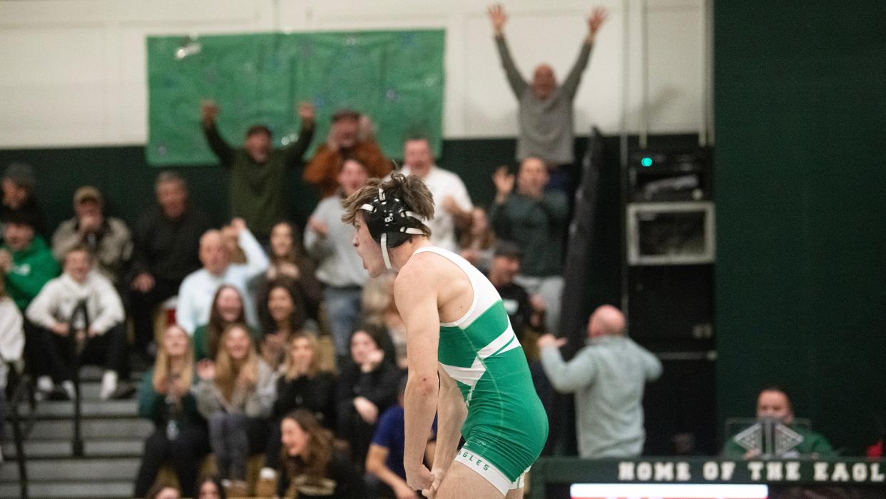 West Deptford's Anthony Catando celebrates after pinning Paulsboro's Audre Hill during the 120 lb. bout of the wrestling meet held at West Deptford High School on Thursday, January 4, 2024.