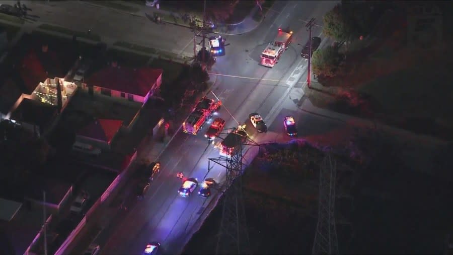 A large law enforcement presence surrounded a Compton home after a shooting left one person dead and four others hospitalized on June 7, 2024. (KTLA)
