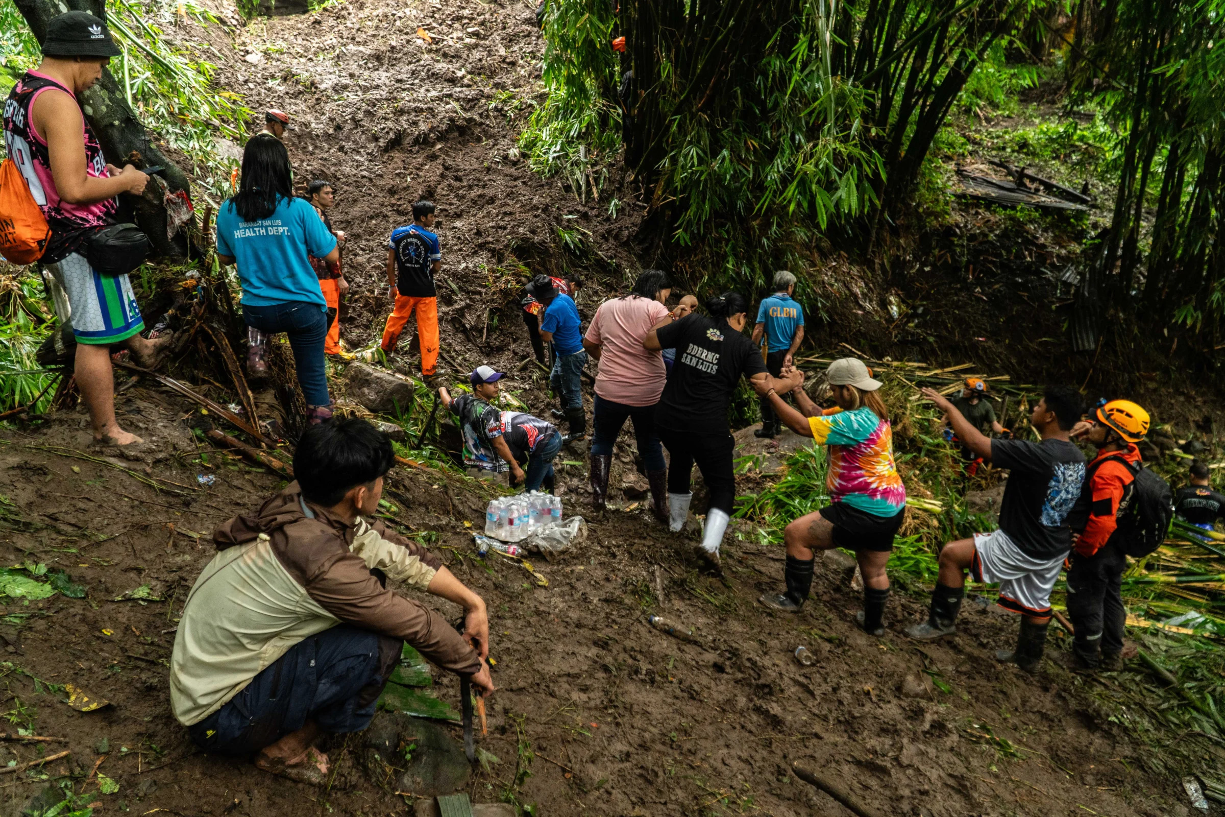 Search and rescue operations continue in Antipolo, Rizal, at the site where people may be buried following a landslide triggered by Tropical Storm Yagi (Anadolu via Getty Images)