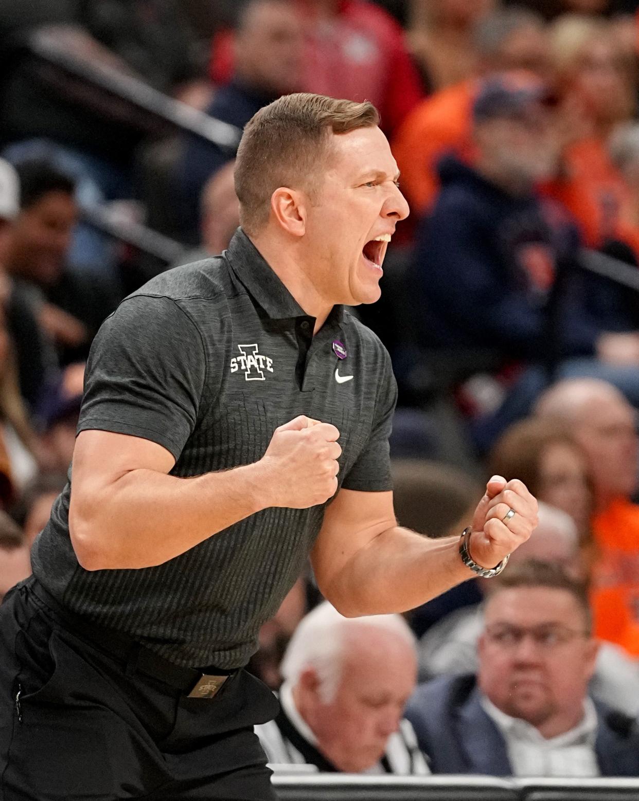 Iowa State Cyclones head coach T. J. Otzelberger reacts in a second-round NCAA Tournament game between Iowa State and Washington State, Saturday, March 23, 2024 at CHI Health Center Arena in Omaha.