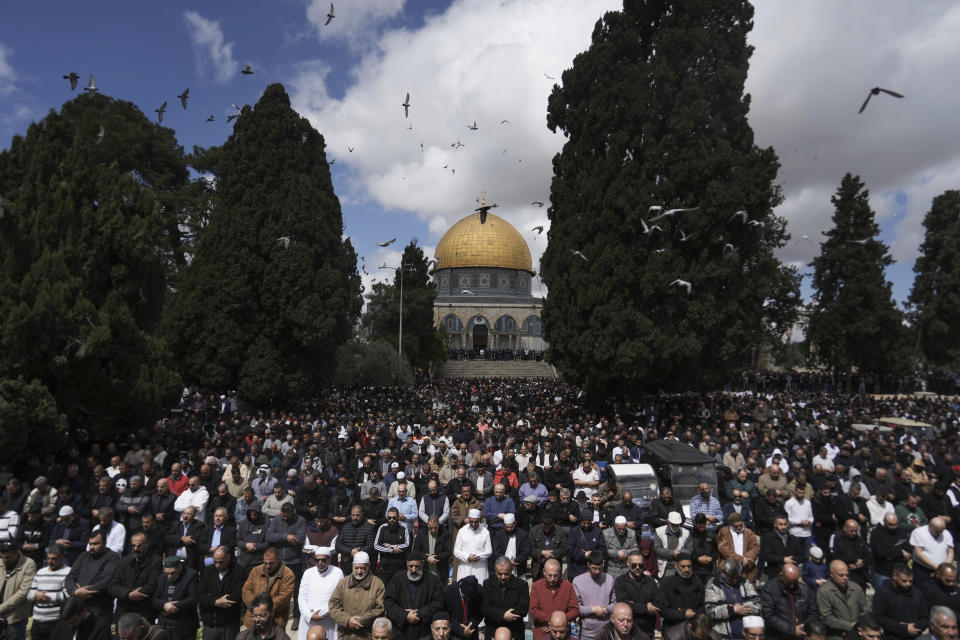 Muslim worshippers perform Friday prayers at the Al-Aqsa Mosque compound in the Old City of Jerusalem during the Muslim holy month of Ramadan on Friday, March 15, 2024. (AP Photo/Mahmoud Illean)