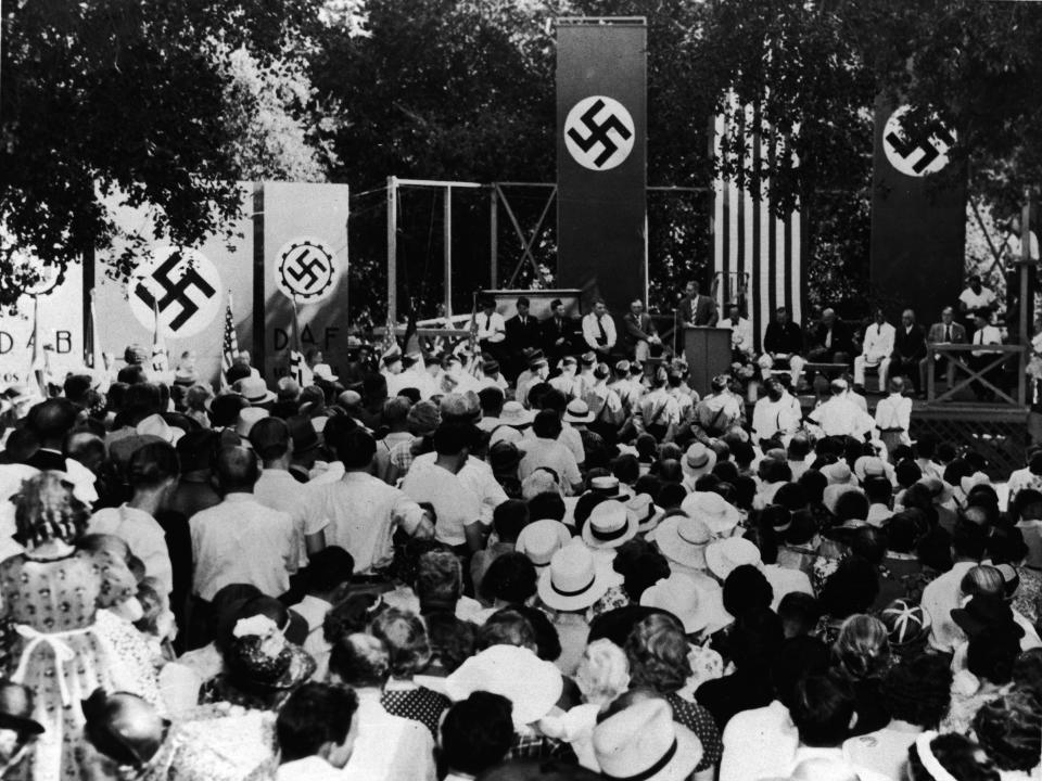 At a pro-Nazi gathering in Los Angeles in 1937, German-Americans listen to speakers who deny that American Nazi representatives were engaged in subversive activities against the United States.