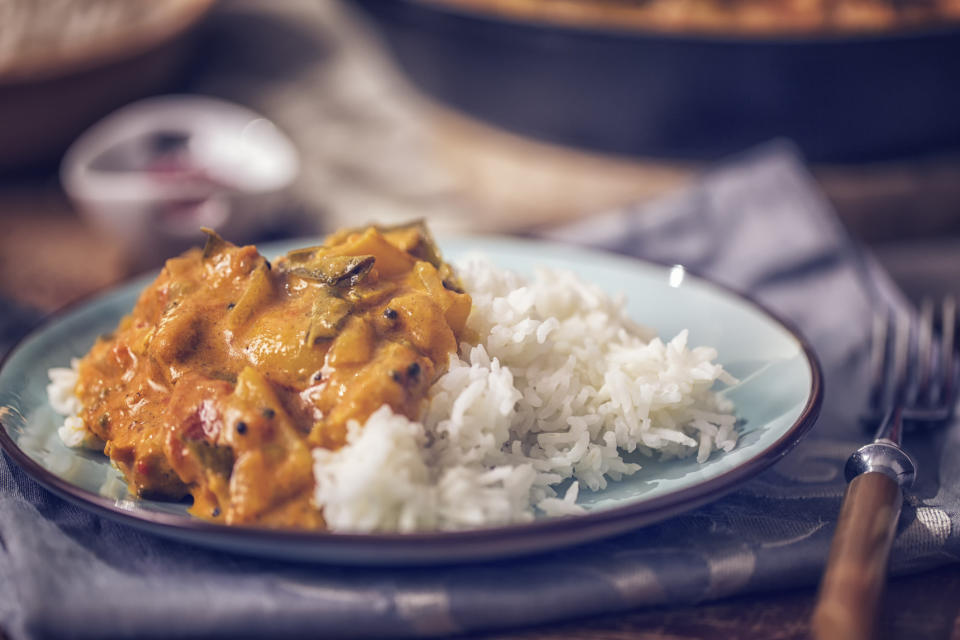 Homemade chicken curry with rice.