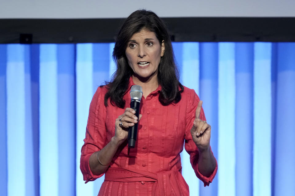 Republican presidential candidate Nikki Haley speaks at the Moms for Liberty meeting in Philadelphia, Friday, June 30, 2023. (AP Photo/Matt Rourke)