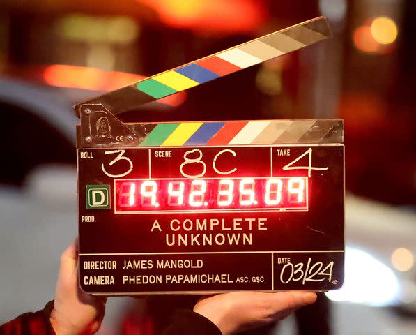 <p>METROPOLIS/Bauer-Griffin/GC Images</p> The clapboard for 'A Complete Unknown,' directed by James Mangold