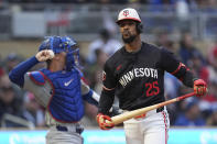 Minnesota Twins outfielder Byron Buxton (25) walks back to the dugout after striking out during the first inning of a baseball game against the Los Angeles Dodgers, Monday, April 8, 2024, in Minneapolis. (AP Photo/Abbie Parr)