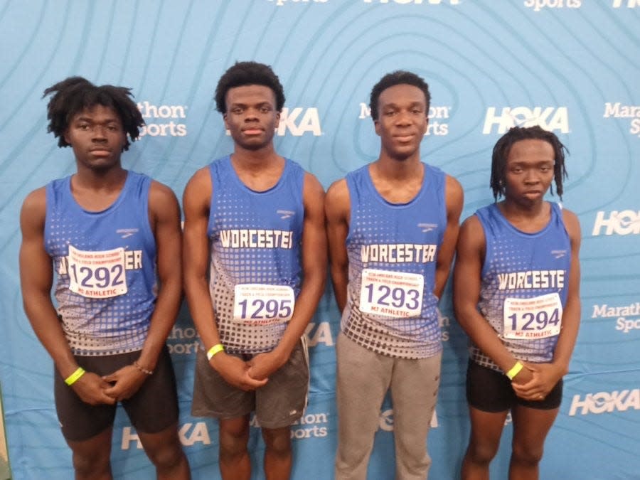 Worcester Tech's 800 relay team of Michael Gyimah, Cpyrian Ojatabu, Michael Mireku and Juleein Nicolas placed ninth (1:31.96) at Saturday's New England Championships at the Reggie Lewis Center.