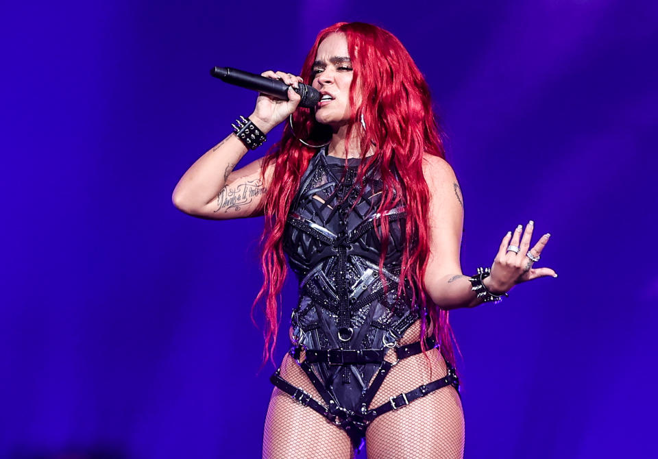 <p>Karol G performs during her $trip Love tour stop at FTX Arena on Sept. 22 in Miami. </p>