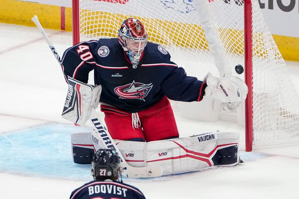 Oct 14, 2022; Columbus, Ohio, USA;  Columbus Blue Jackets goaltender Daniil Tarasov (40) stops a shot during the second period of the NHL hockey game against the Tampa Bay Lightning at Nationwide Arena. Mandatory Credit: Adam Cairns-The Columbus Dispatch
