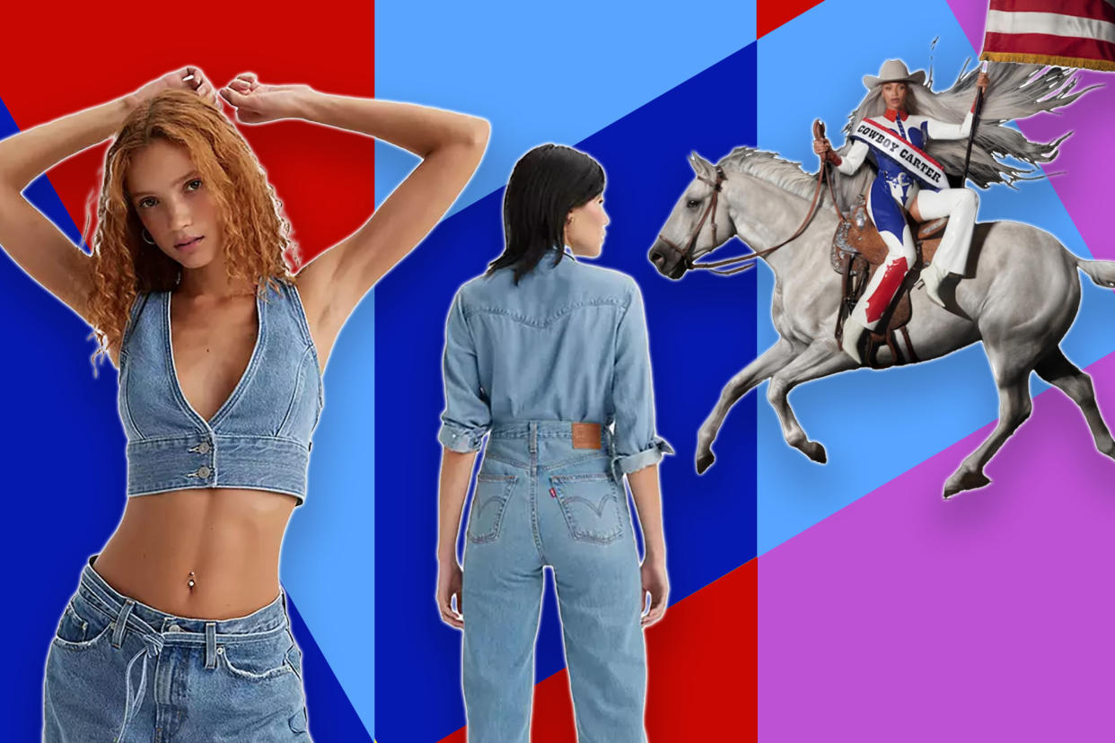 models in a denim outfit and Beyonce's album cover on multi-color background