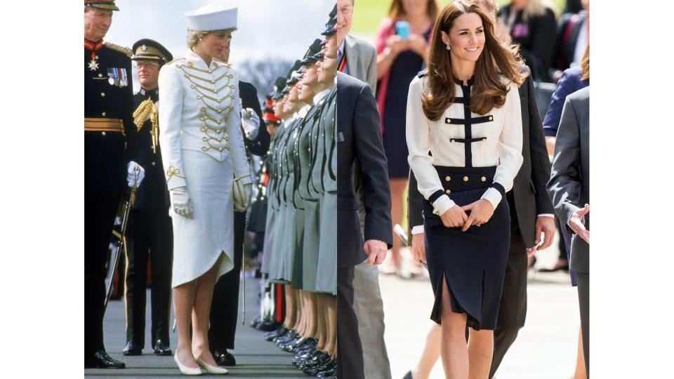 <p>Diana wears Catherine Walker for a parade in Surrey in 1987. Kate visits Bletchley Park wearing Alexander McQueen, 2014.</p>