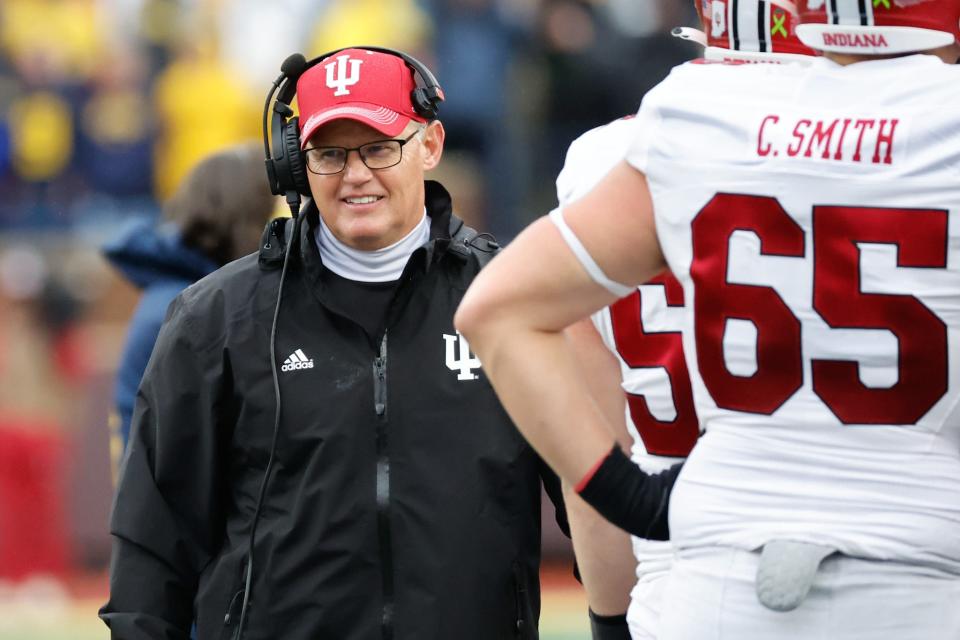 Oct 14, 2023; Ann Arbor, Michigan, USA; Indiana Hoosiers head coach Tom Allen on the sideline in the first half against the Michigan Wolverines at Michigan Stadium. Mandatory Credit: Rick Osentoski-USA TODAY Sports