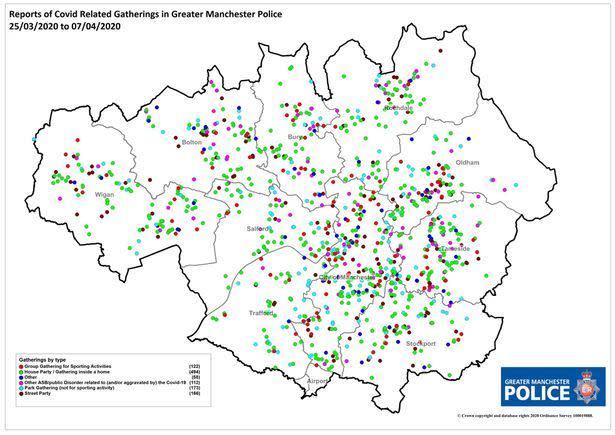 Greater Manchester Police force released the map of parties/events they tended to over the weekend (Twitter)
