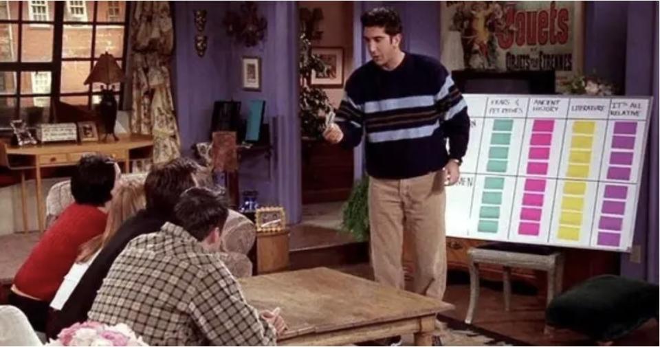 Ross standing in front of a board with trivia categories