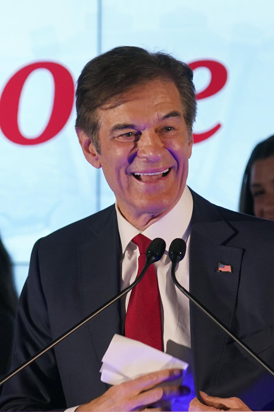 Mehmet Oz, a Republican candidate for U.S. Senate in Pennsylvania, speaks to supporters at a primary night election gathering in Newtown, Pa., Tuesday, May 17, 2022. (AP Photo/Seth Wenig)