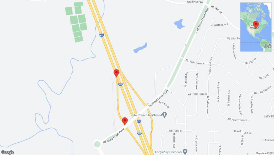 A detailed map that shows the affected road due to 'Broken down vehicle on Northeast Shoal Creek Parkway in Kansas City' on September 18th at 12:14 p.m.