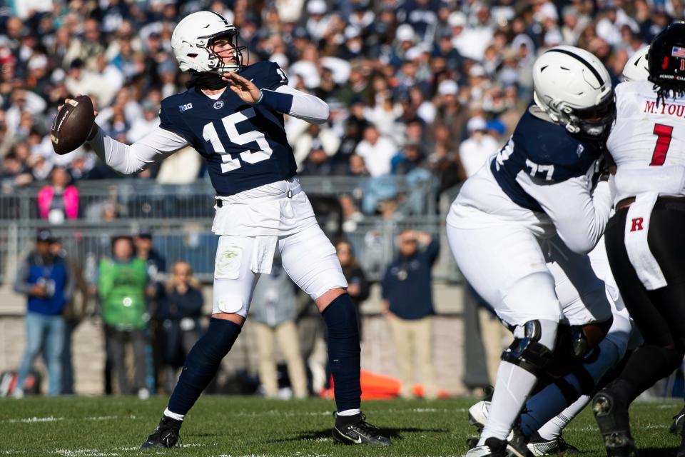 Penn State quarterback Drew Allar (15) prepares to air out a pass to the end zone during an NCAA football game against Rutgers Saturday, Nov. 18, 2023, in State College, Pa. The Nittany Lions won, 27-6.